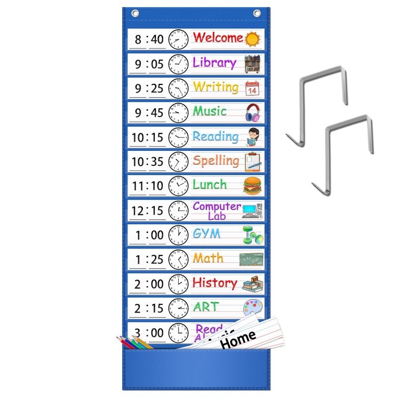 AKAYOK -13+1 Pocket Daily Schedule Pocket Chart, Ultra-Durable Visual Schedule for Kids -Pocket Chart for Classroom Office Home -Reusable Daily Schedule for Kids -Reversible Chart for Sentence Strips - Image 1